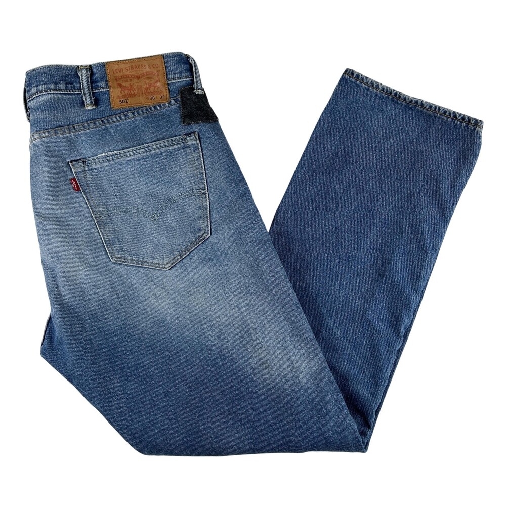 Levis 501 Jeans Mens 38x32 Grunge Denim Straight Button Fly Distressed Patched